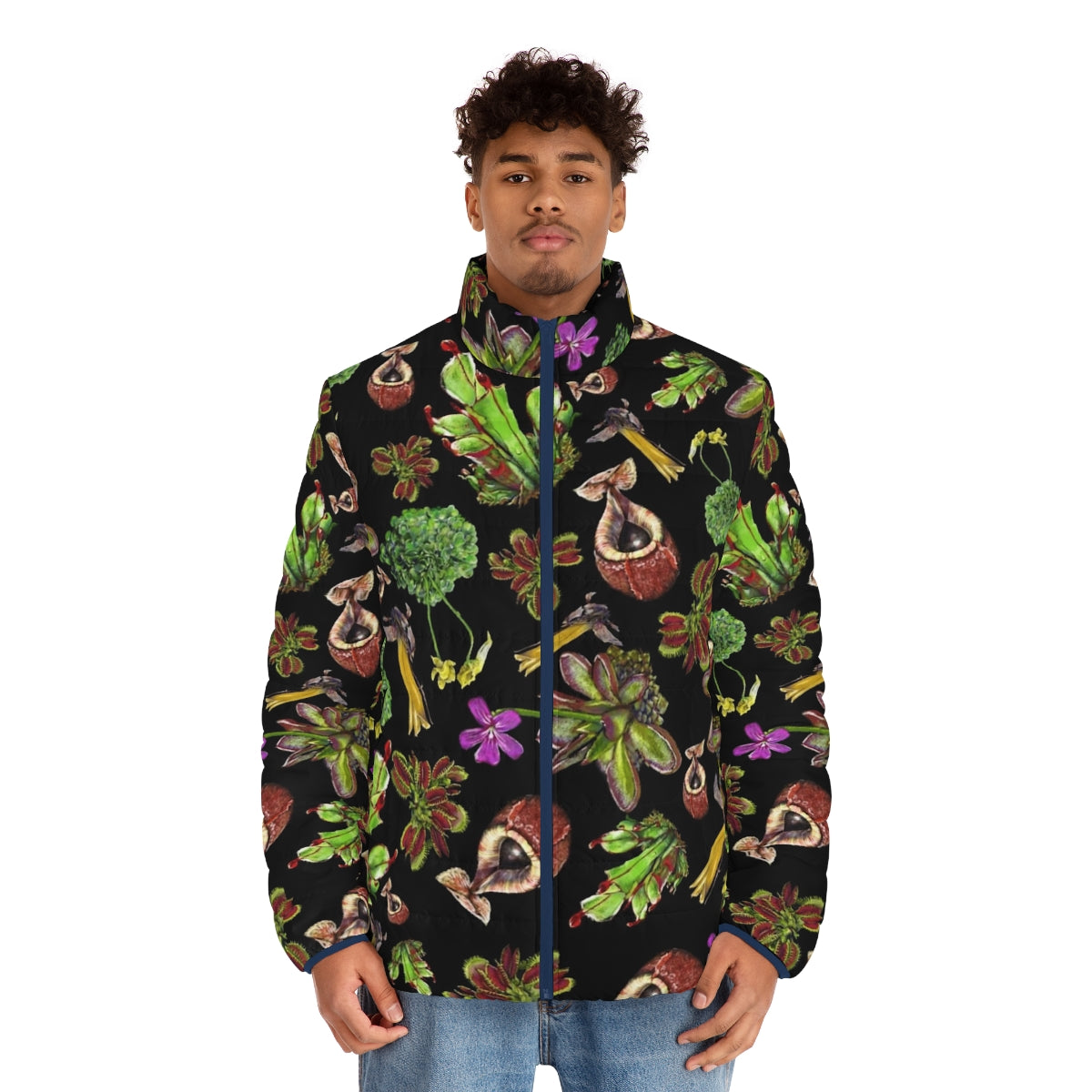 Carnivorous plants puffer jacket with black background - men front