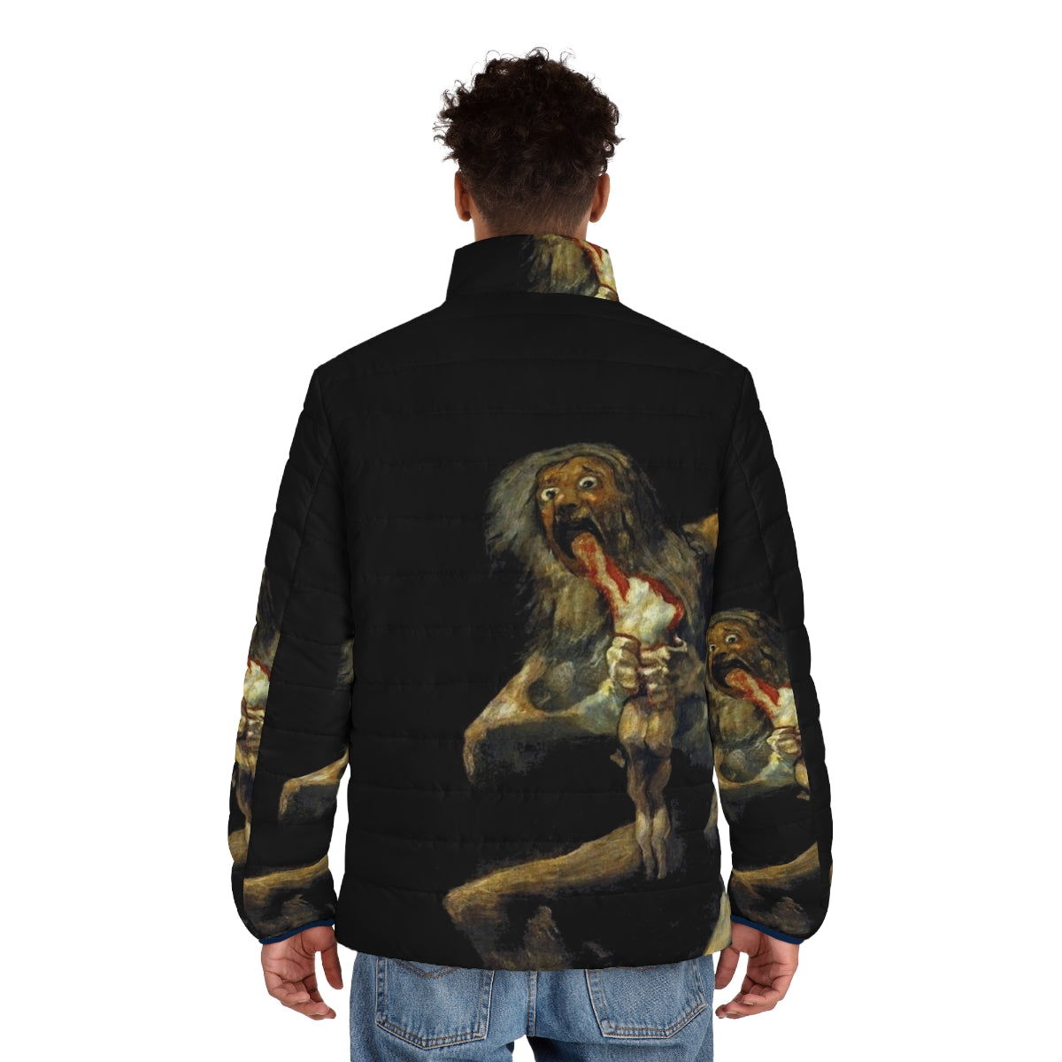 A puffer jacket featuring the chilling painting "Saturn Devouring His Son" by Spanish artist Francisco Goya. - men back