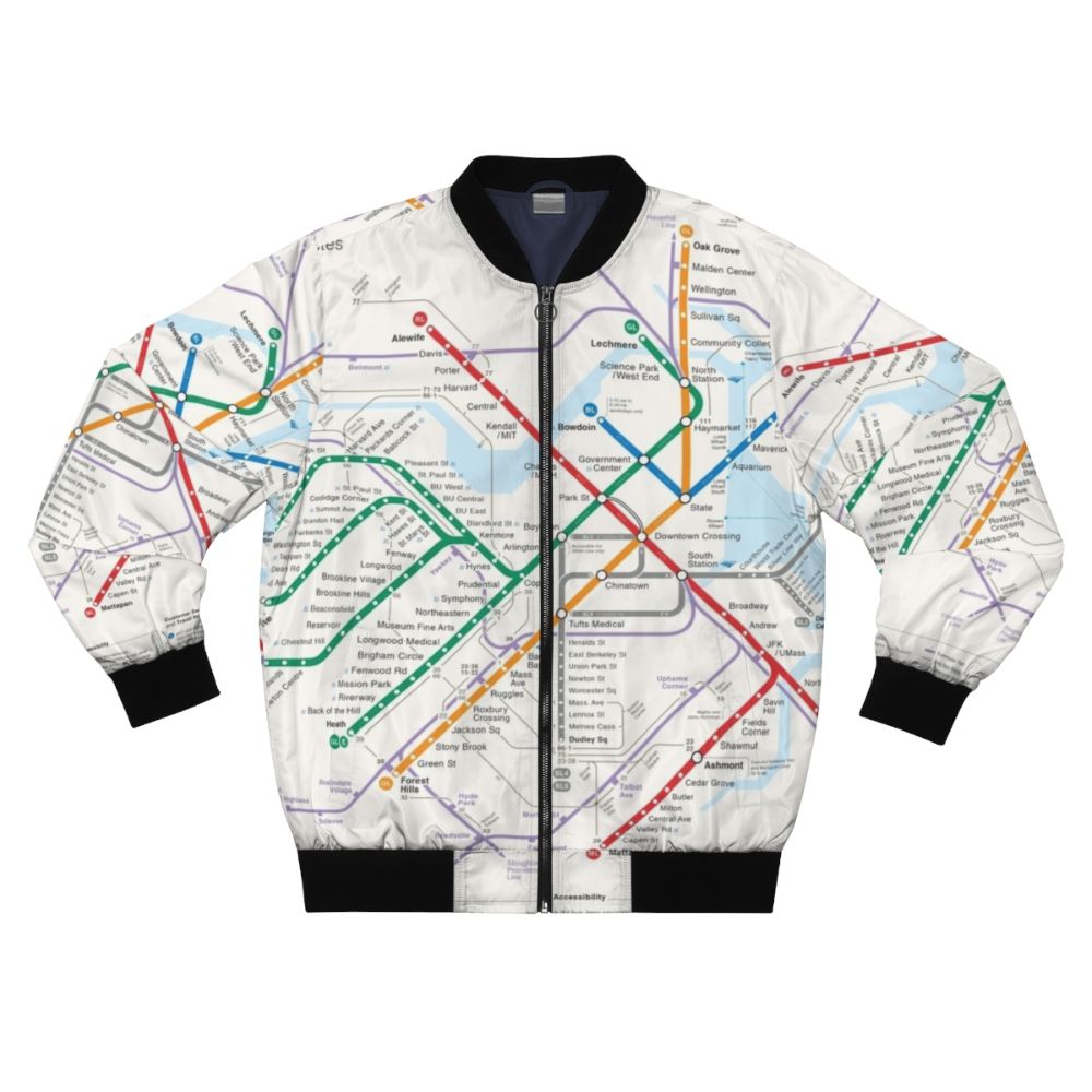 Bomber jacket featuring a map of the Boston public transportation system