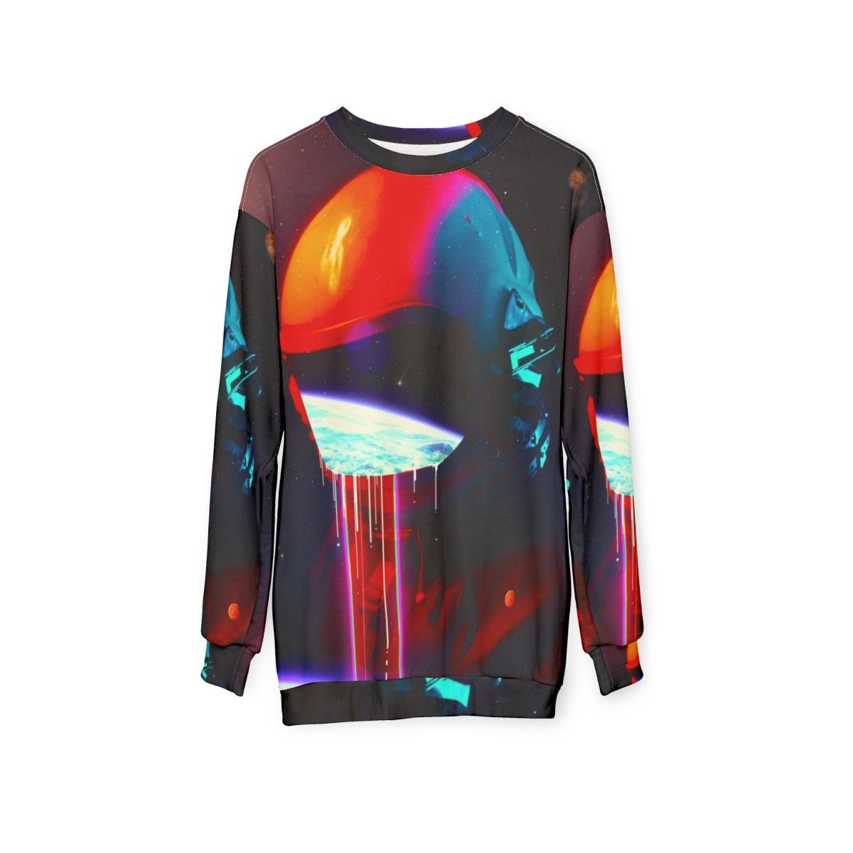 Cosmic leaking sweatshirt with surreal space exploration design - hanging