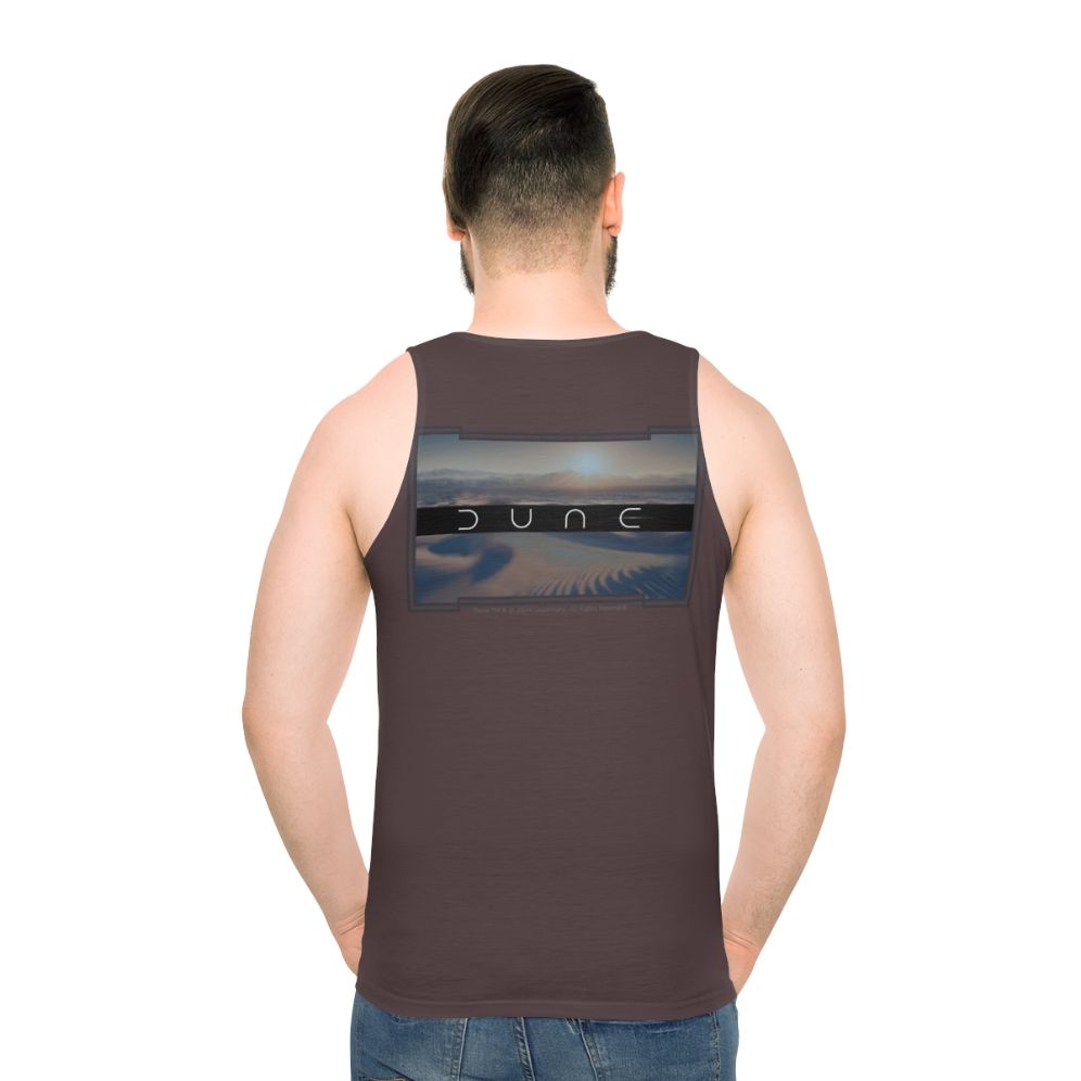 Dune inspired unisex tank top with Arrakis desert design - men back