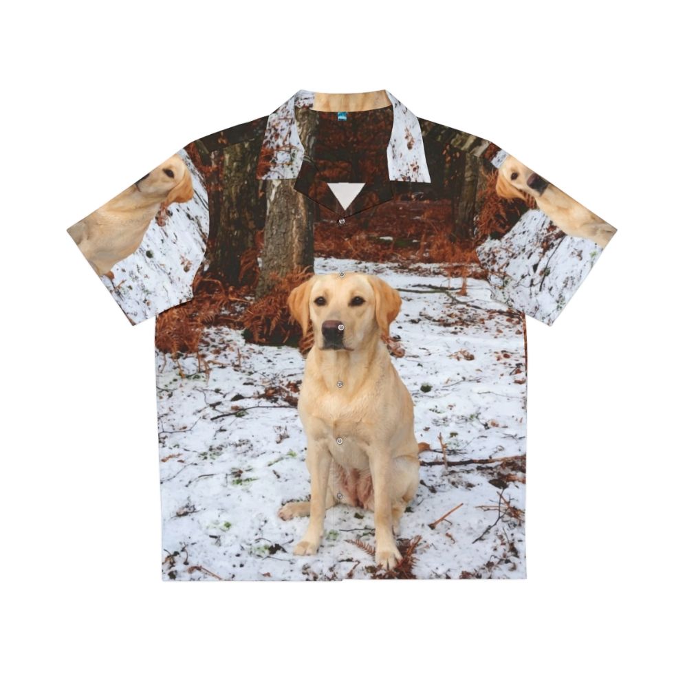 Colorful Hawaiian-style shirt featuring a vibrant yellow labrador retriever