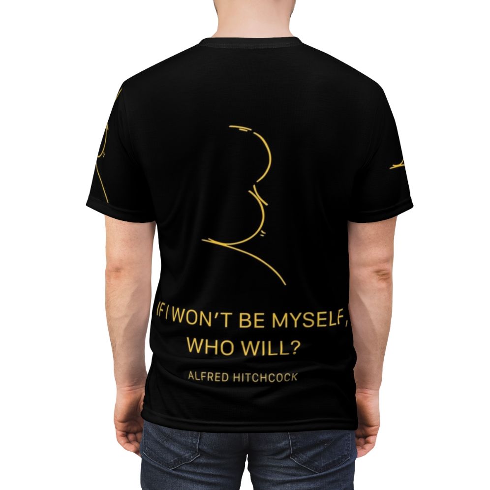 Alfred Hitchcock quote graphic printed on a black t-shirt - men back