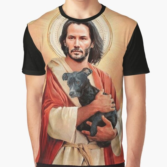 A graphic t-shirt featuring Keanu Reeves as Jesus Christ with a dog.