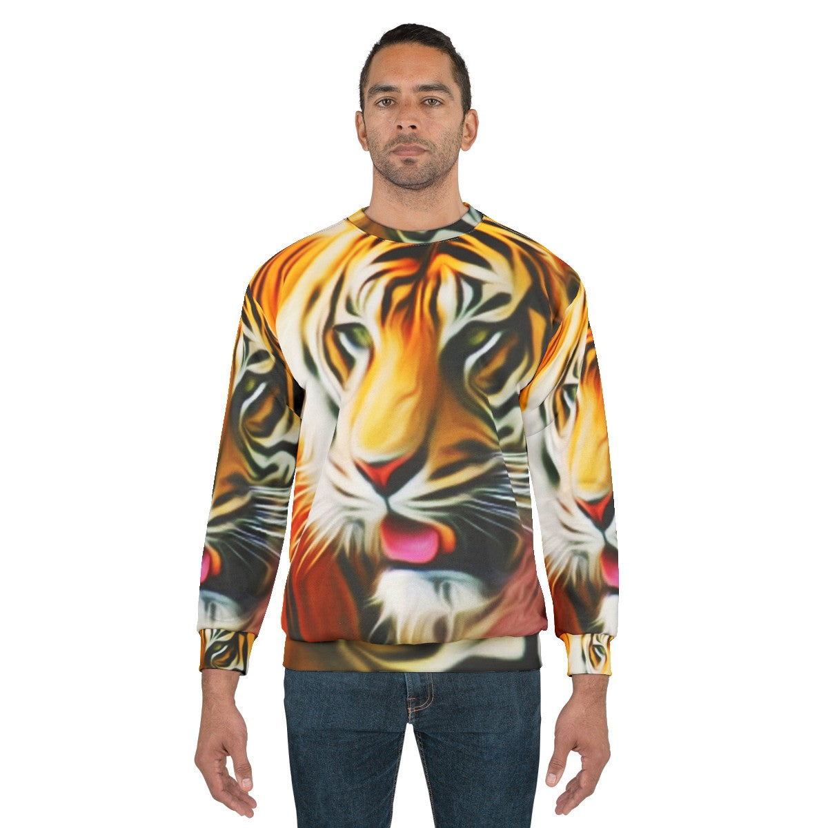 Colorful abstract tiger graphic on sweatshirt - men