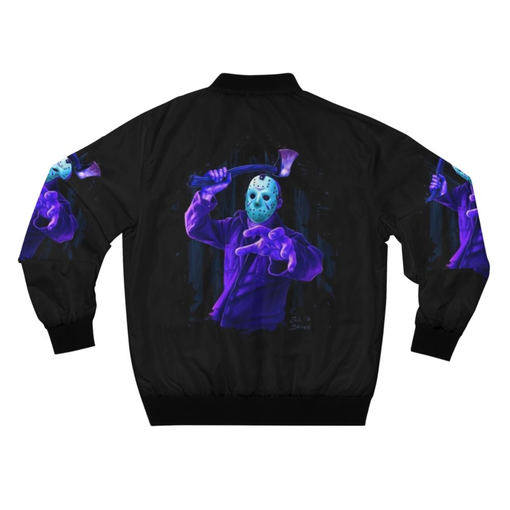 8-bit horror-inspired bomber jacket with Jason Voorhees-themed design - Back