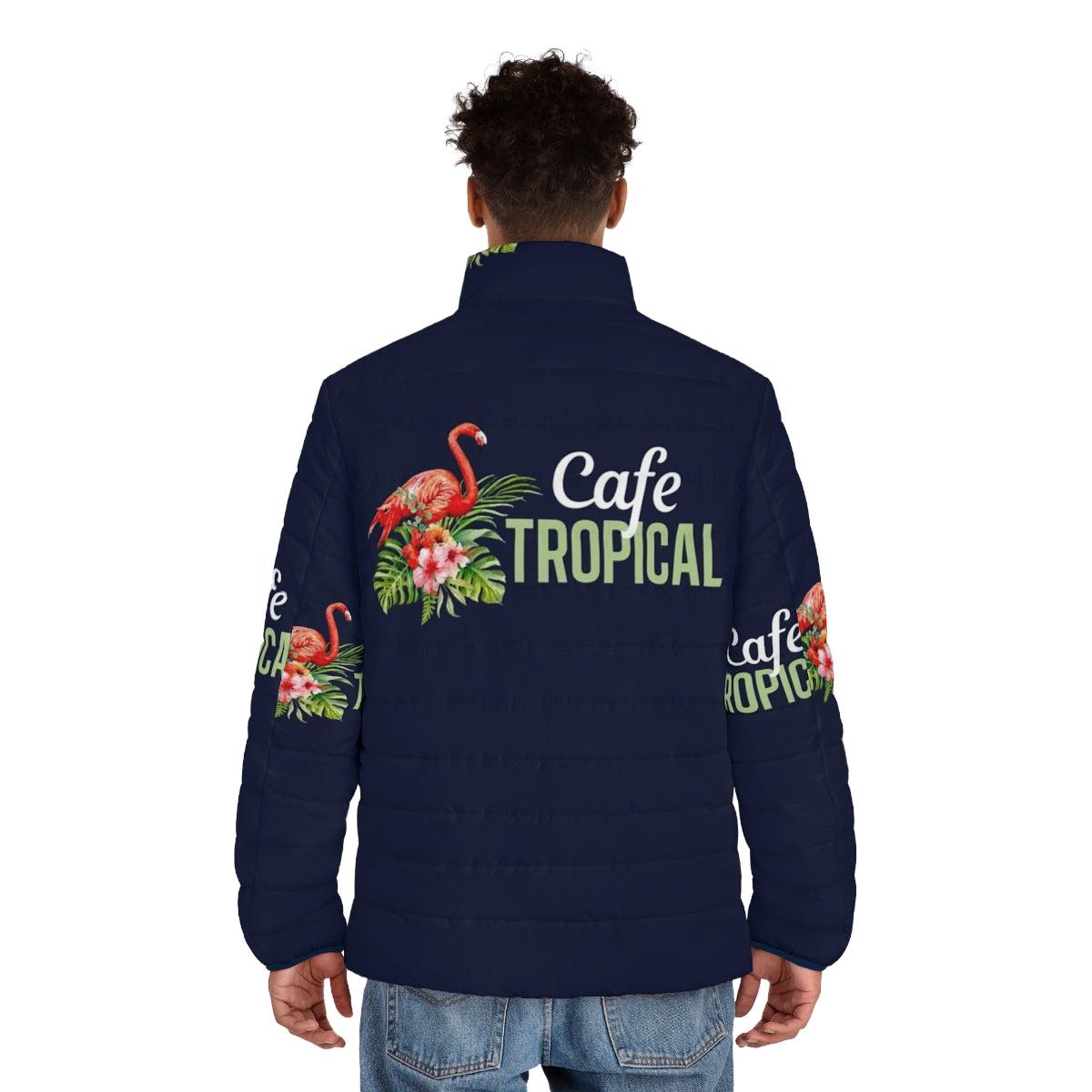 Cafe Tropical Schitts Creek Puffer Jacket with Flamingo Design - men back