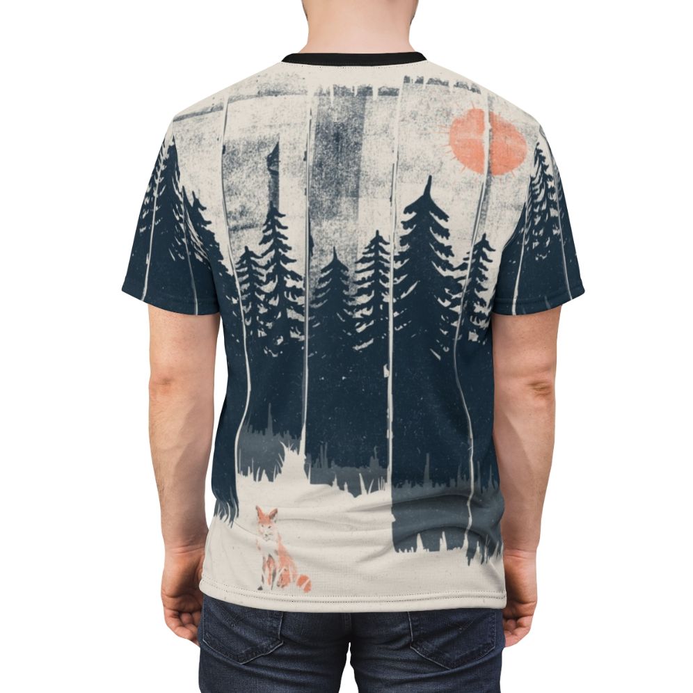 Illustration of a fox in a natural forest setting on a t-shirt - men back