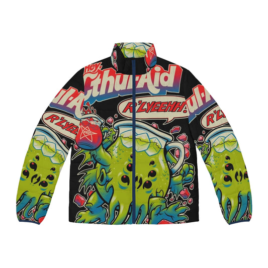 Cthulhu-inspired puffer jacket with elder god and Kool-Aid design