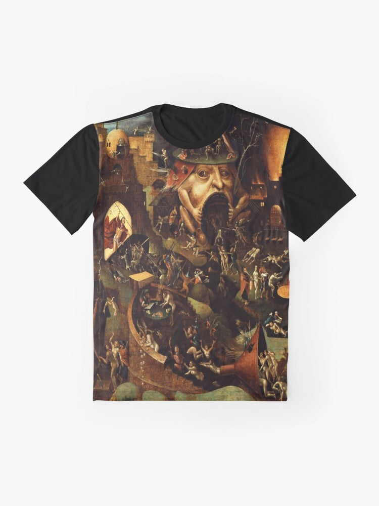 Graphic t-shirt featuring the painting "Christ in Limbo" by the Renaissance artist Hieronymus Bosch - Flat lay