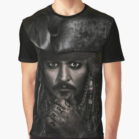 A graphic t-shirt featuring Captain Jack Sparrow, played by actor Johnny Depp, from the Pirates of the Caribbean movies.