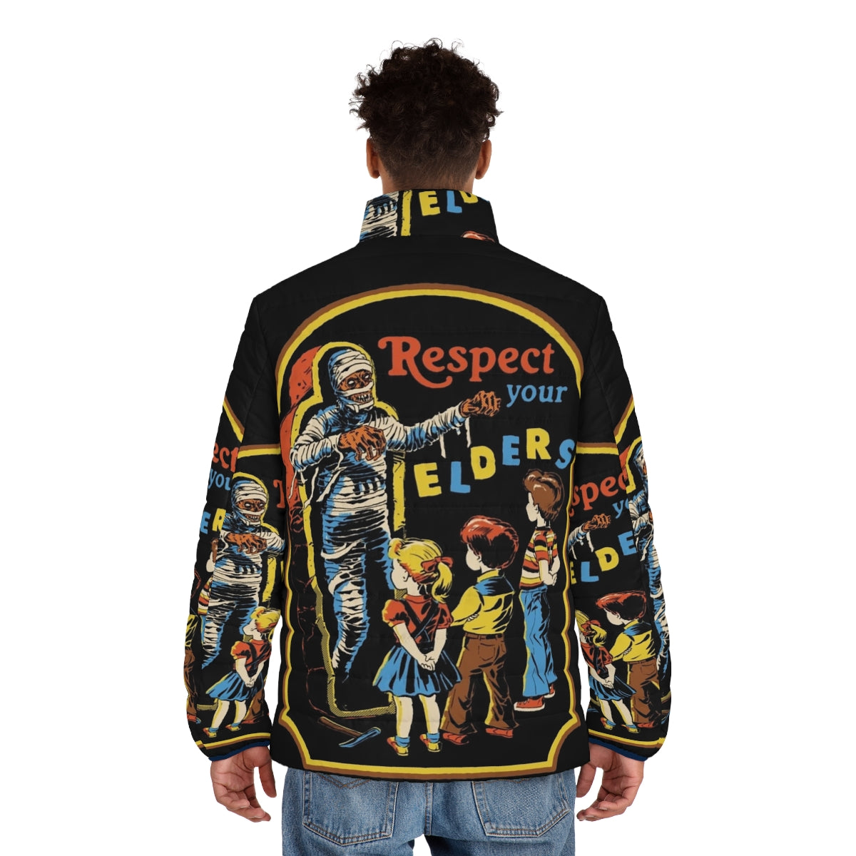 Respect Your Elders Puffer Jacket - Vintage Horror-Themed Outerwear - men back