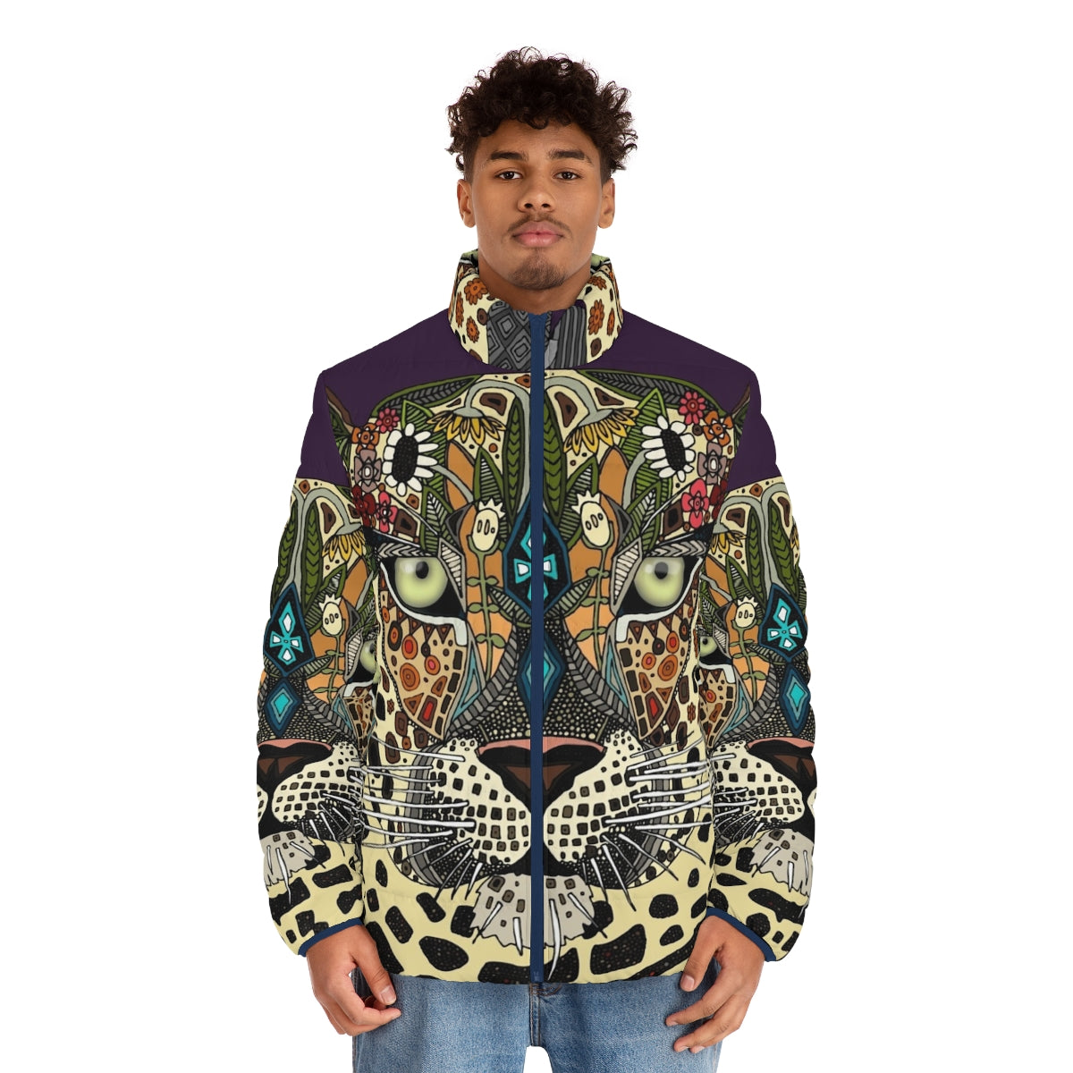 Leopard print puffer jacket with floral and botanical design - men front