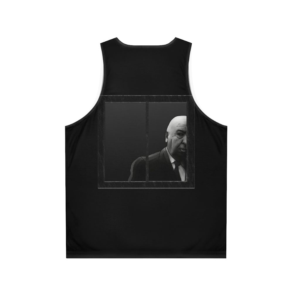 Alfred Hitchcock black and white graphic on a unisex tank top - Back