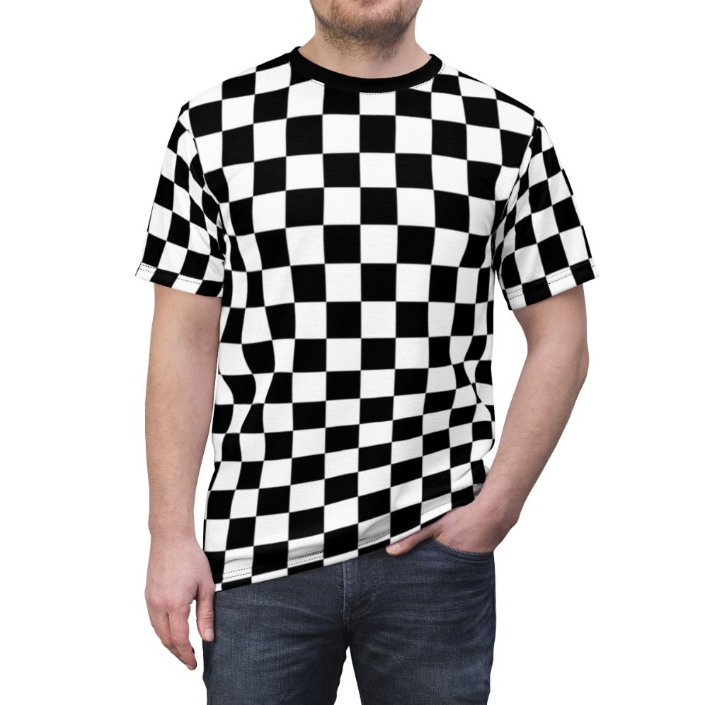 Stylish black and white checkerboard pattern design on a quality t-shirt - men front