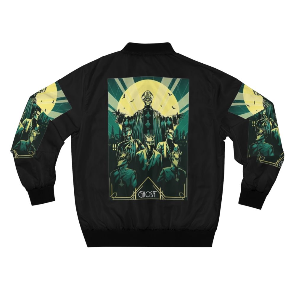 A black bomber jacket with a large skull graphic design on the back. - Back