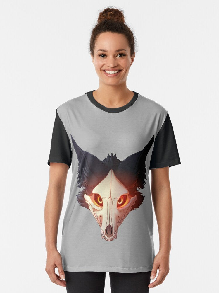 Cadaver graphic t-shirt design featuring a monster wolf skull and the Wingedwolf94 logo - Women