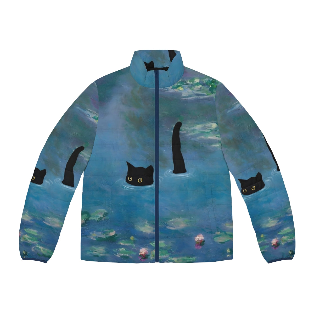 A cozy puffer jacket featuring a vibrant cat print inspired by Monet's water lily paintings.