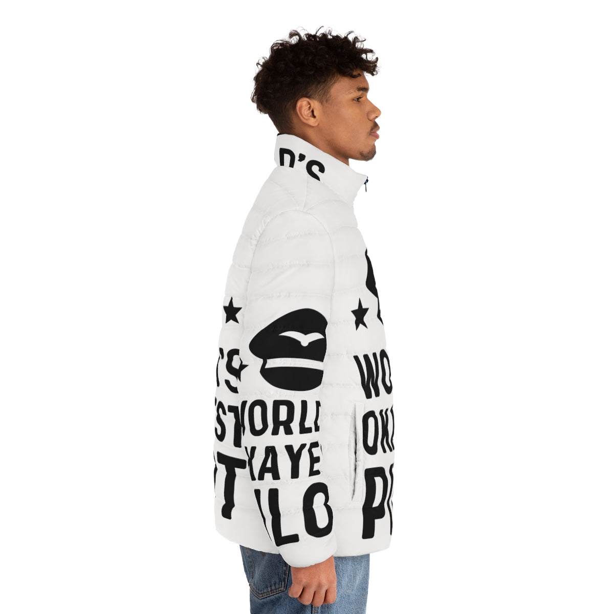 World's Okayest Puffer Jacket featuring an engineer design - men side right