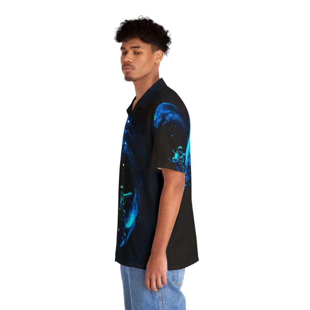 Cosmic Surf Hawaiian Shirt featuring galaxy, stars, and astronaut design - People Left