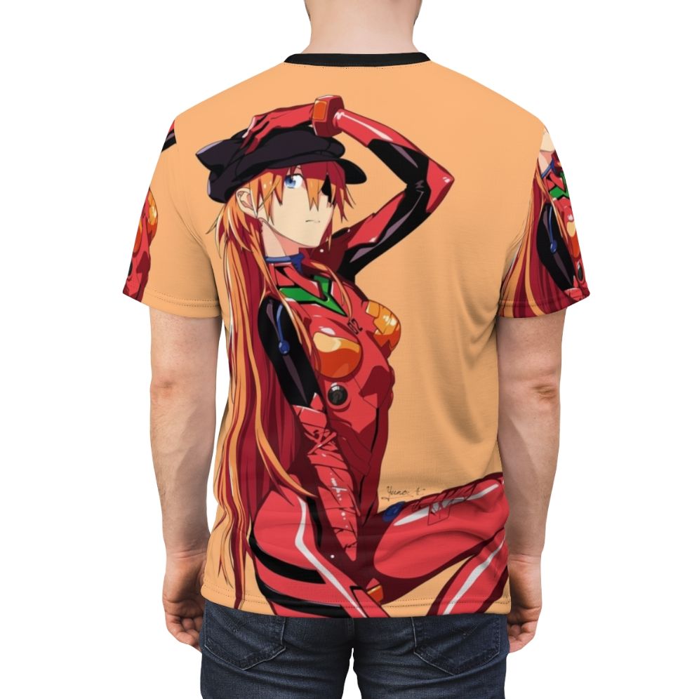 Asuka anime graphic t-shirt featuring vibrant colors and Neon Genesis Evangelion inspired design - men back