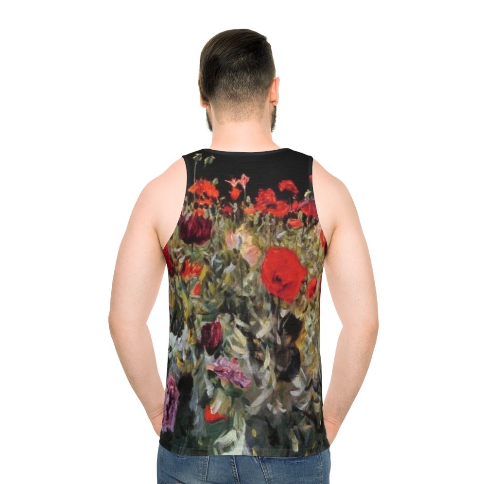 Unisex tank top featuring John Singer Sargent's Poppies painting - men back