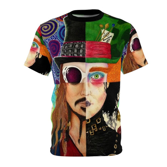 Colorful graphic tee featuring a collage of Johnny Depp's most iconic characters