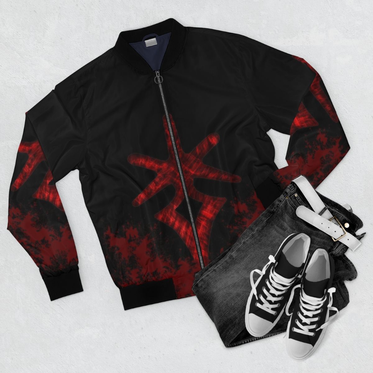 Dark Knight Bomber Jacket featuring a claymore and the symbol of darkness from Final Fantasy XIV - Flat lay