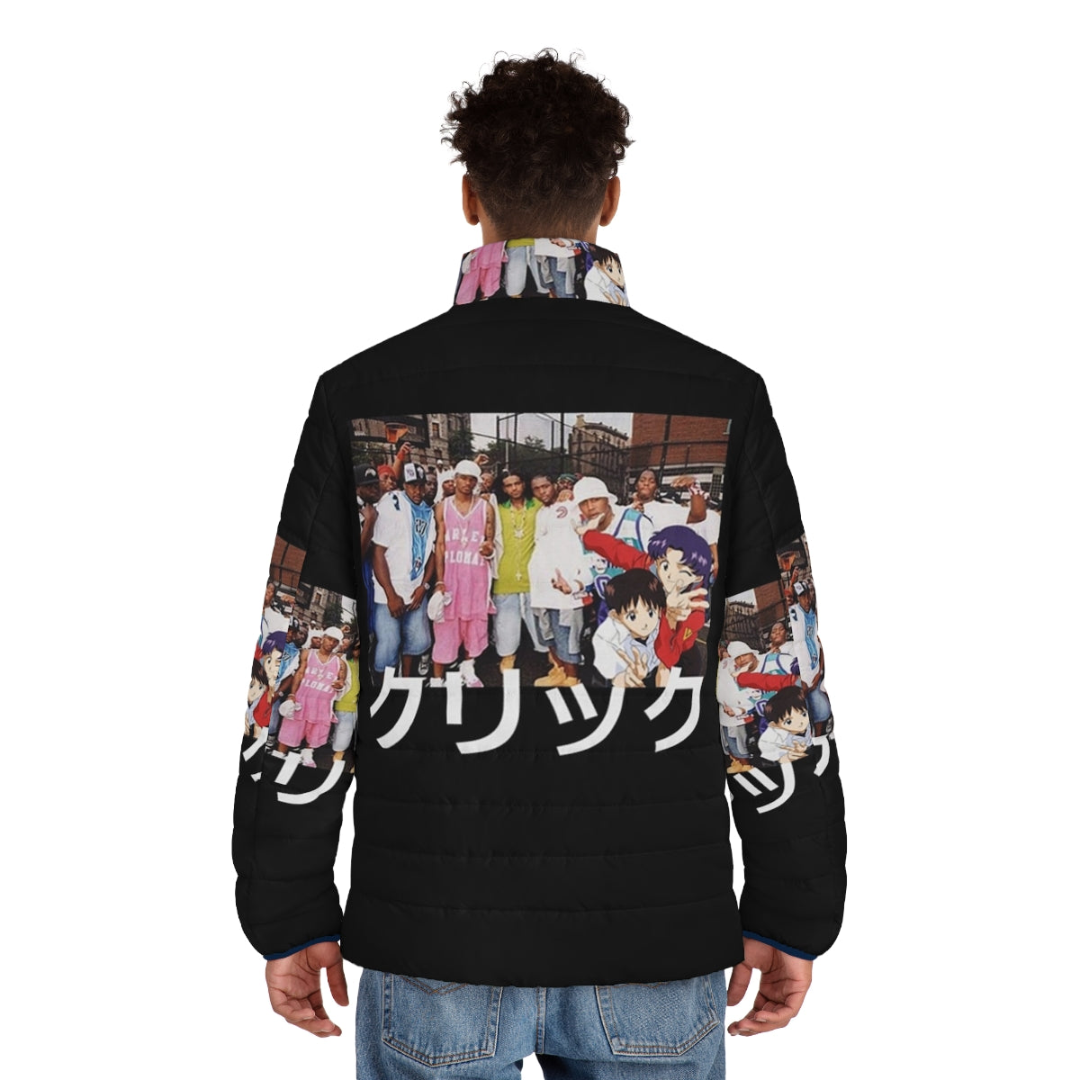 Evangelion x Dipset x Clique Puffer Jacket with anime and hip-hop graphics - men back