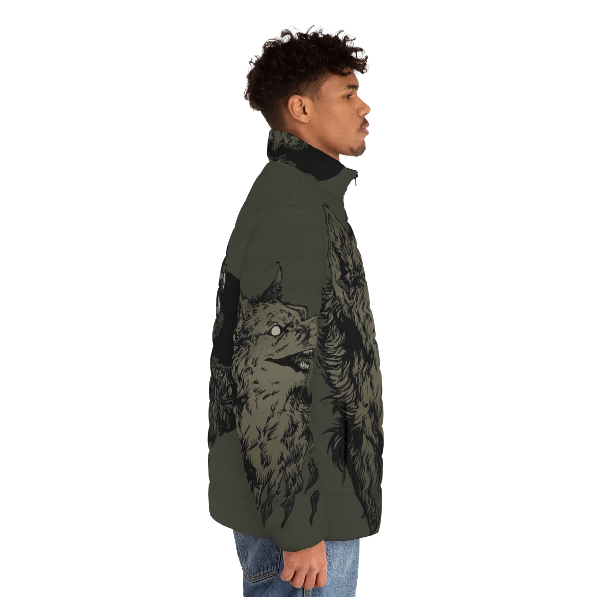 Black puffer jacket with werewolf design, featuring a full moon and howling wolf - men side right