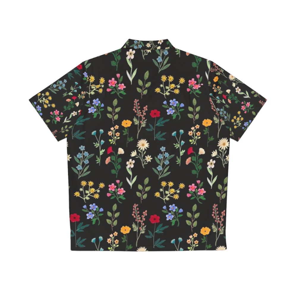 Black Hawaiian shirt with spring botanical floral pattern - Back