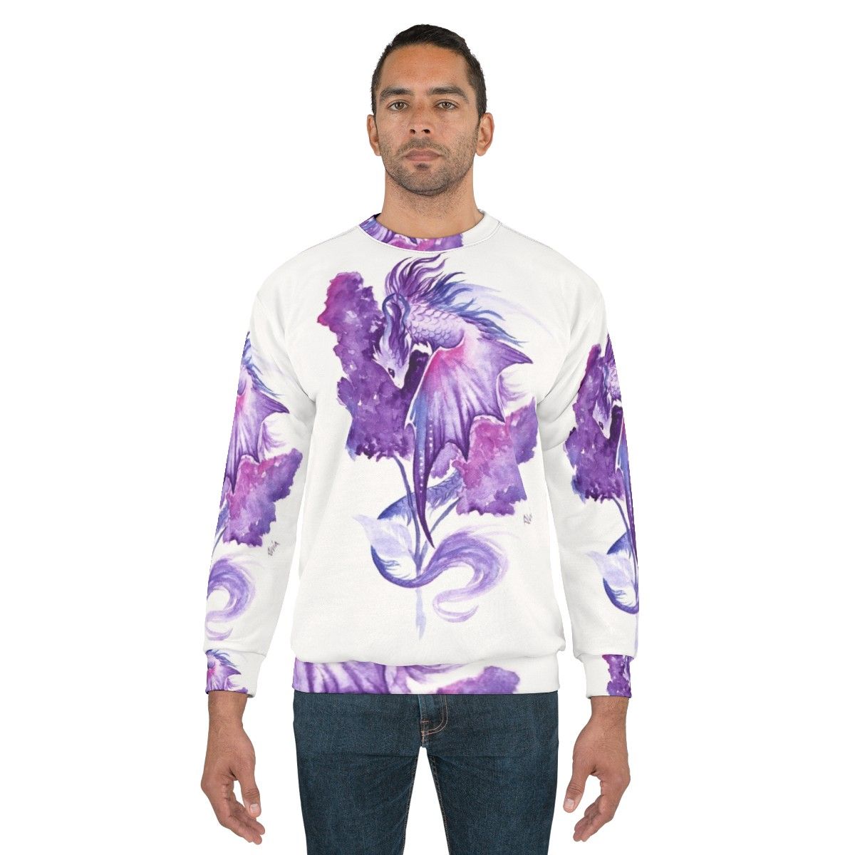 Lilac dragon sweatshirt with fantasy floral watercolor design - men