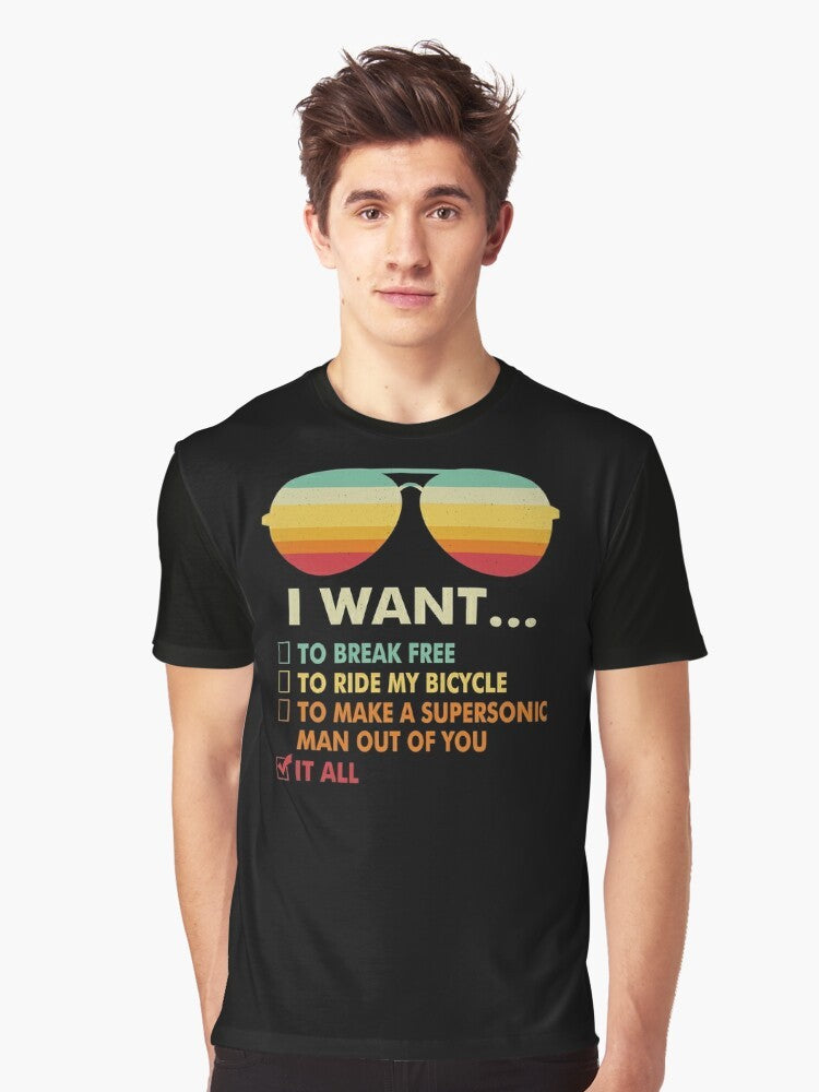 Queen "I Want It All" graphic t-shirt for music lovers featuring a bicycle costume design - Men