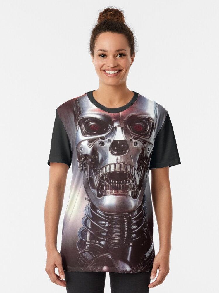 Graphic t-shirt featuring a detailed illustration of the iconic T-800 terminator robot - Women