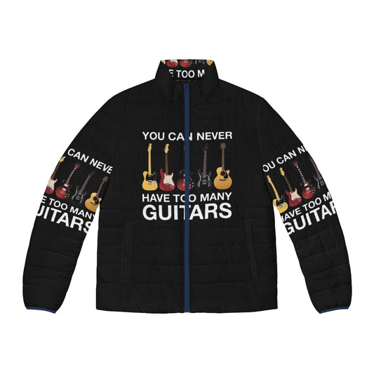 Puffer jacket featuring a colorful guitar design for guitar lovers