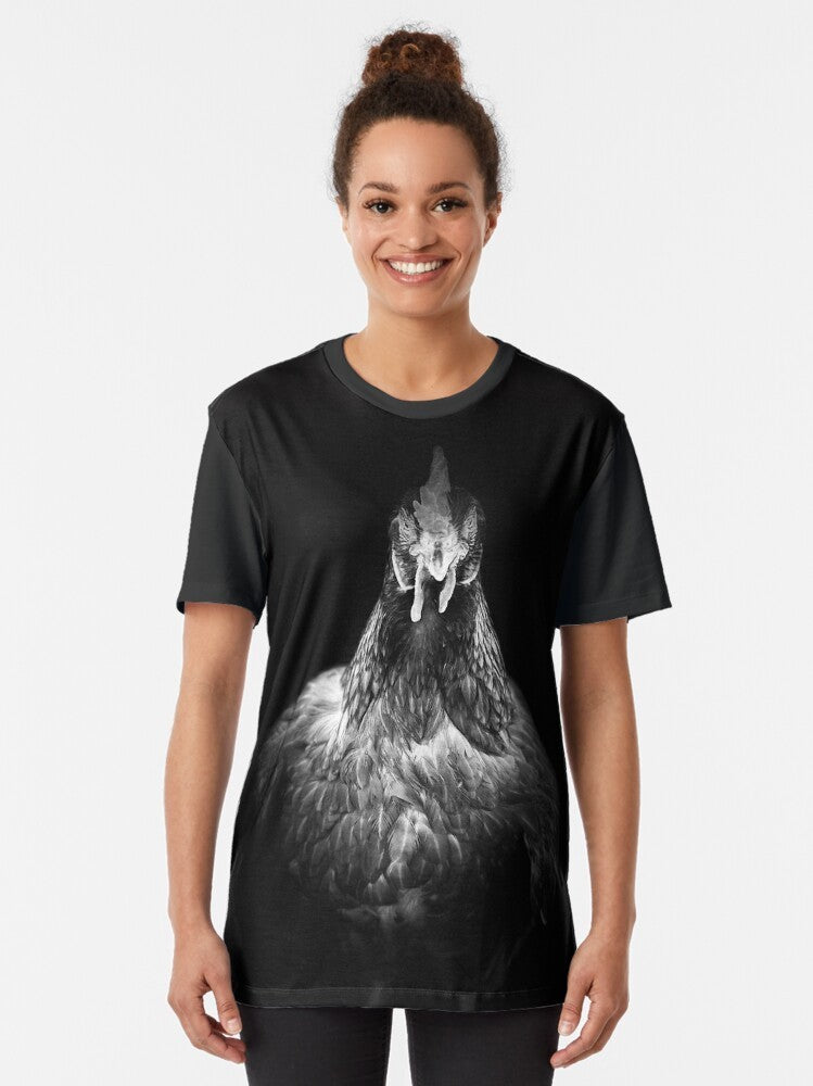 Hen-tensity graphic t-shirt with a vintage-style illustration of a hen, chicken, or rooster - Women