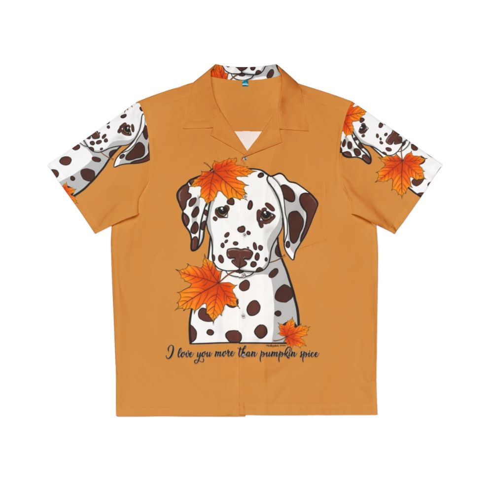 Dalmatian wearing a Hawaiian shirt with pumpkin spice and autumn leaves