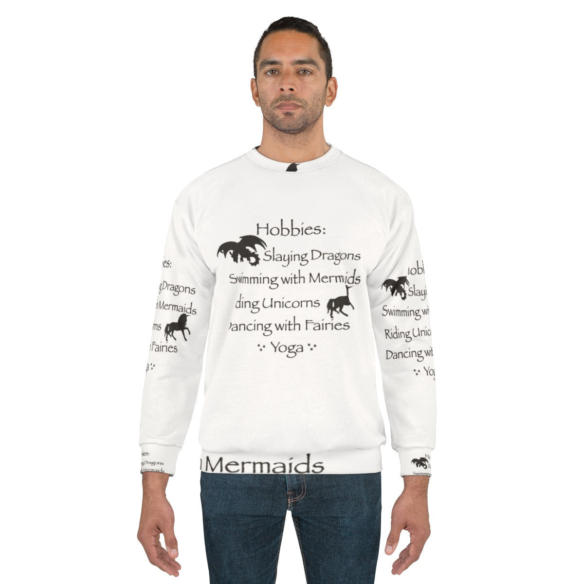 Magical hobbies sweatshirt featuring fantasy elements like dragons, mermaids, and fairies - men