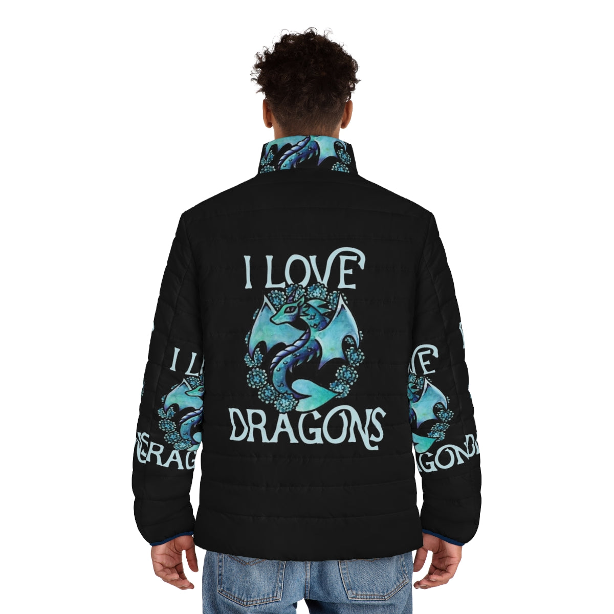 Woman wearing a purple puffer jacket with a dragon design - men back