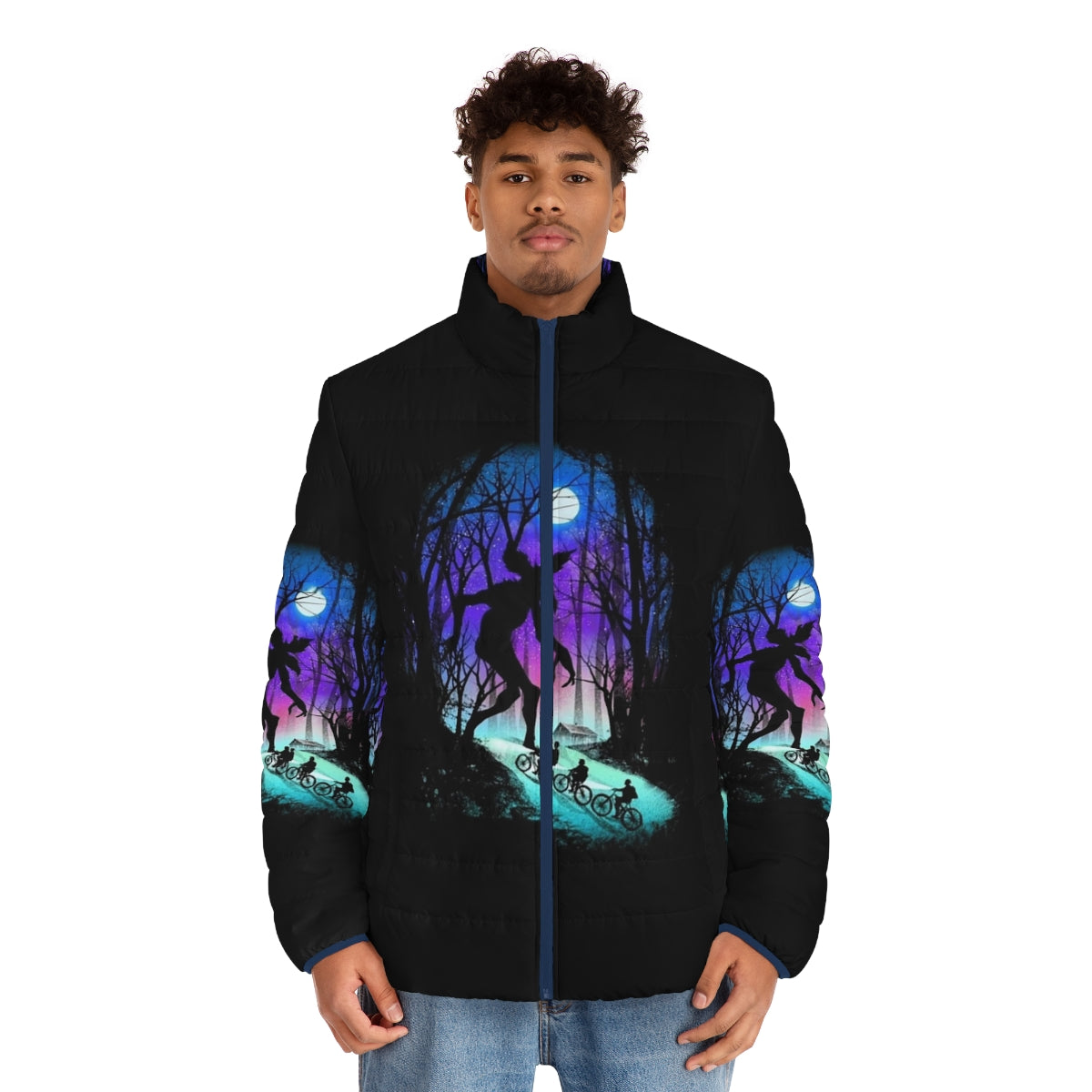 Stranger Things Retro 80s Puffer Jacket with Demogorgon Design - men front