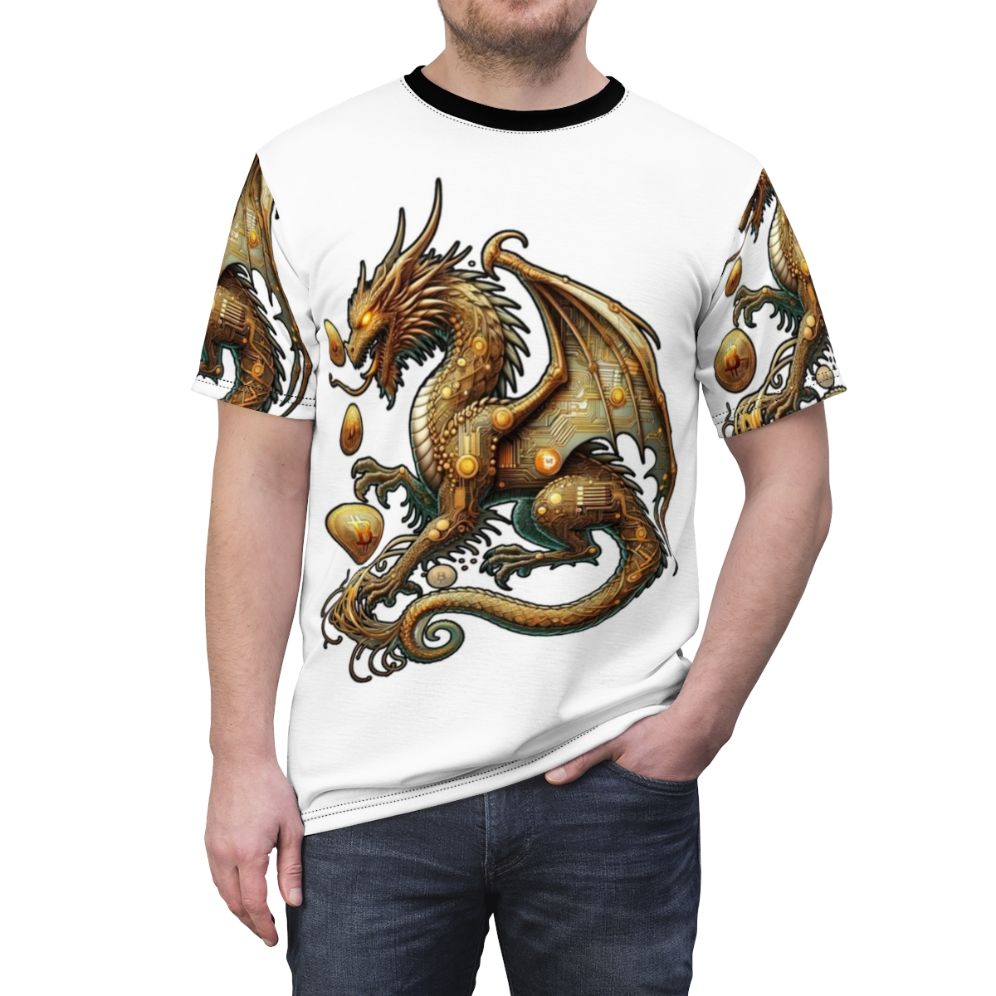 T-shirt featuring a dragon design with Bitcoin, cryptocurrency, and blockchain symbols. - men front