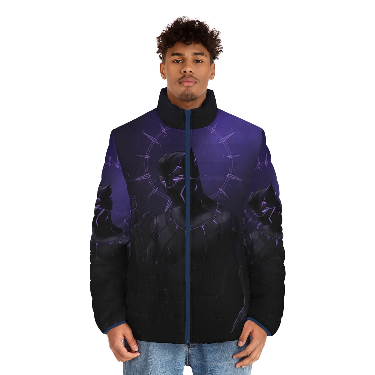 A black and purple puffer jacket featuring a panther design, perfect for the superhero-inspired look. - men front