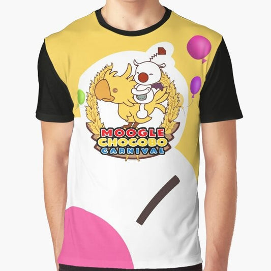 A colorful graphic t-shirt featuring Chocobos and Moogles from the Final Fantasy series, including characters like Noctis.