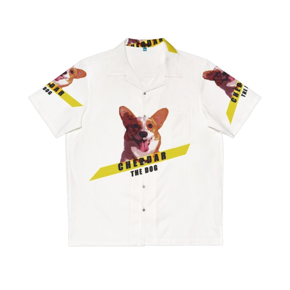 Cheddar the dog from Brooklyn Nine-Nine wearing a colorful Hawaiian shirt