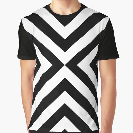 Black and white minimalist graphic t-shirt with a simple repeating geometric pattern design