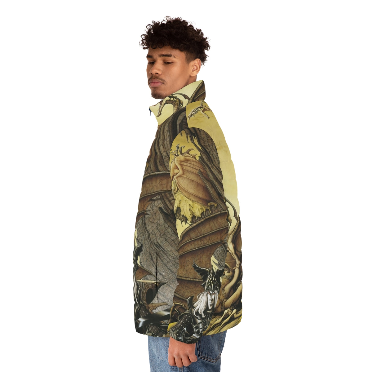 The Dragon Lord Puffer Jacket featuring fantasy art with a dragon, warrior, and sword and sorcery elements - men side left