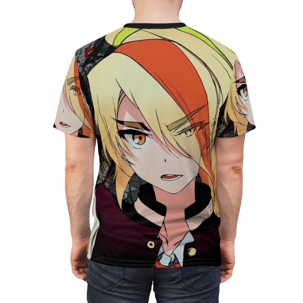 Stylized graffiti art t-shirt featuring the character Nikaidou Saki from the anime series Zombieland Saga - men back