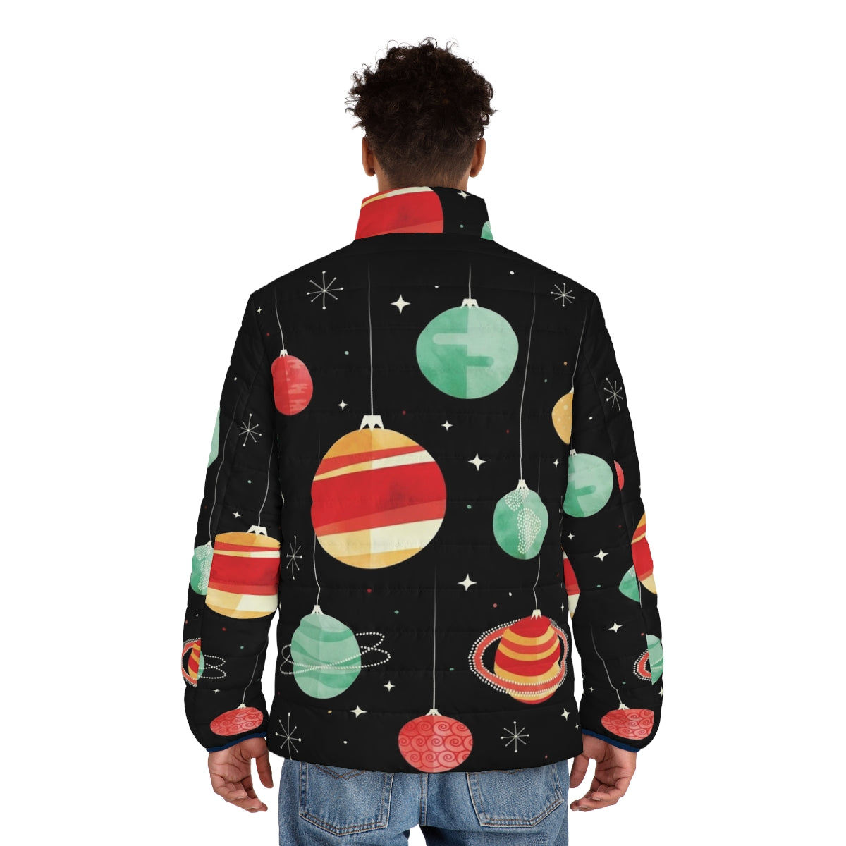 Puffer jacket with a vintage, celestial design featuring planets, stars, and the solar system - men back