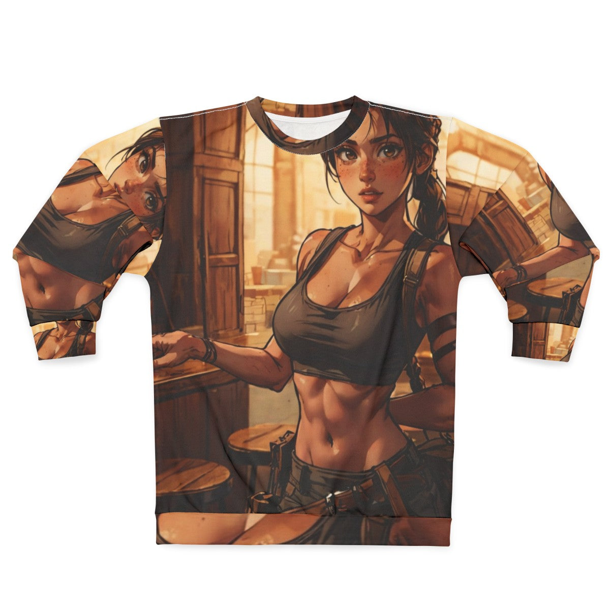 Young Lara Croft-inspired sweatshirt design