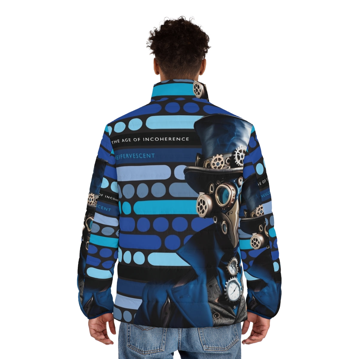 A stylish blue puffer jacket with a steampunk-inspired design, featuring Morse code accents. - men back